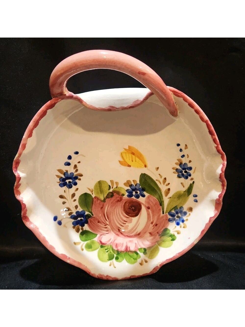 vntg Italian hand-painted ceramic trinket dish floral designs unique handle